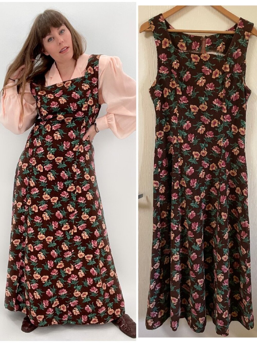 Vintage Cottagecore Brown Floral Corduroy Sleeveless Midi Maxi Dress | Large